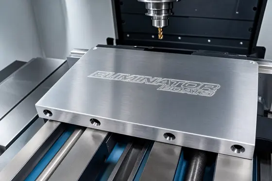 Engraved billet aluminum plate on the machine bed