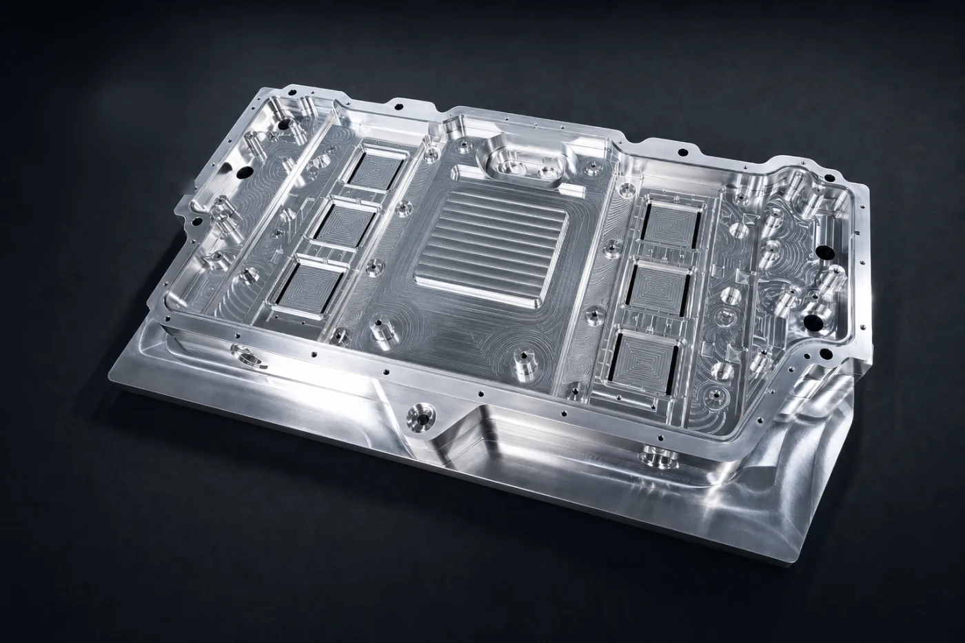 Precision-machined billet aluminum panel with pocketed features on a dark backdrop